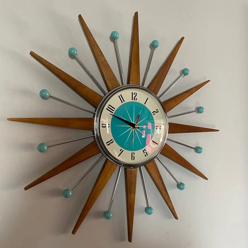 Handgemaakte Wandklok 40x40 cm Retro Woonkamer Stil Uurwerk Stralen Design Decoratief Batterij Modern | Sansoti