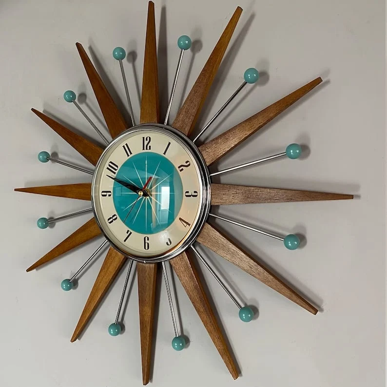Handgemaakte Wandklok 40x40 cm Retro Woonkamer Stil Uurwerk Stralen Design Decoratief Batterij Modern | Sansoti