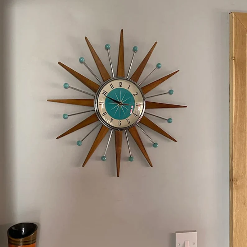 Handgemaakte Wandklok 40x40 cm Retro Woonkamer Stil Uurwerk Stralen Design Decoratief Batterij Modern | Sansoti