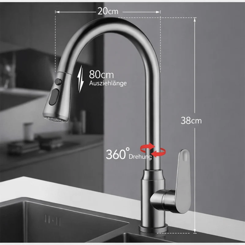 Uittrekbare Keukenkraan met Flexibele Douchekop 360° Rotatie RVS Mengkraan voor Spoelbak Keuken Wasbak | Sansoti