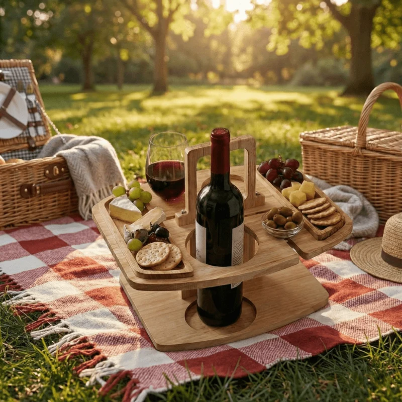 Houten Picknicktafel met Vakken voor Wijn en Hapjes Buitendiner Tuintafel Opvouwbaar Draagbaar Camping | Sansoti