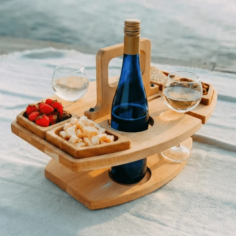 Houten Picknicktafel met Vakken voor Wijn en Hapjes Buitendiner Tuintafel Opvouwbaar Draagbaar Camping | Sansoti