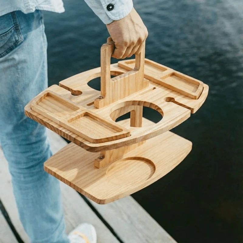 Houten Picknicktafel met Vakken voor Wijn en Hapjes Buitendiner Tuintafel Opvouwbaar Draagbaar Camping | Sansoti