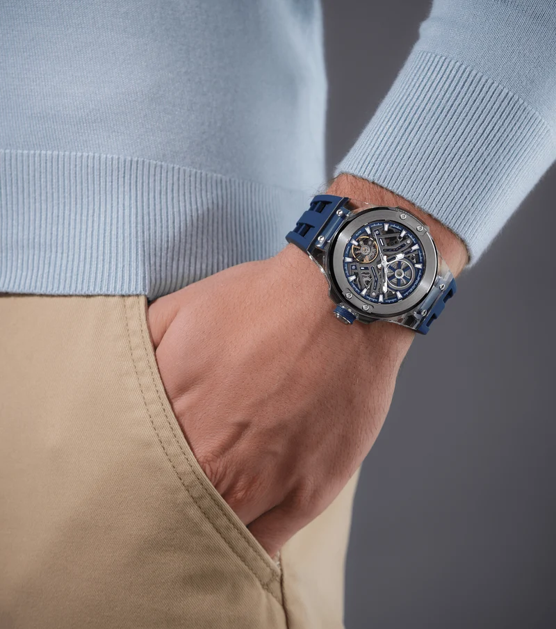 Police Cyclone PEWGR0082204-SET Herrenuhr Blau • Automatikwerk • Transparentes Gehäuse