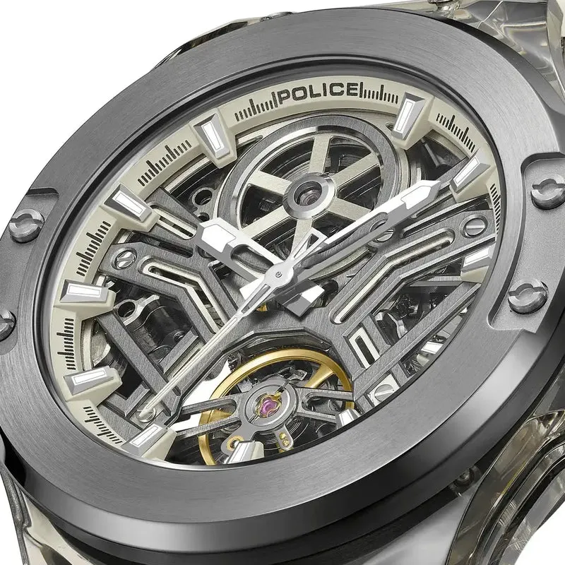 Police Cyclone PEWGR0082201-SET Herrenuhr Grau • Skelett-Automatikwerk • Silikon-Armband