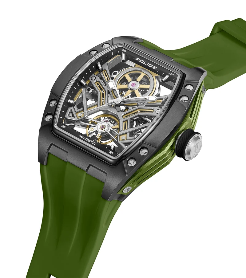 Police Tampa PEWGR0082101 Herrenuhr Oliv • Automatikwerk • Skelettiertes Zifferblatt