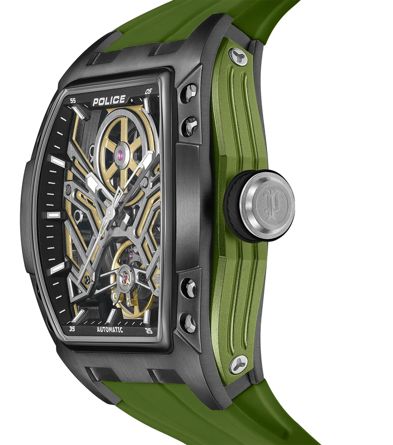 Police Tampa PEWGR0082101 Herrenuhr Oliv • Automatikwerk • Skelettiertes Zifferblatt