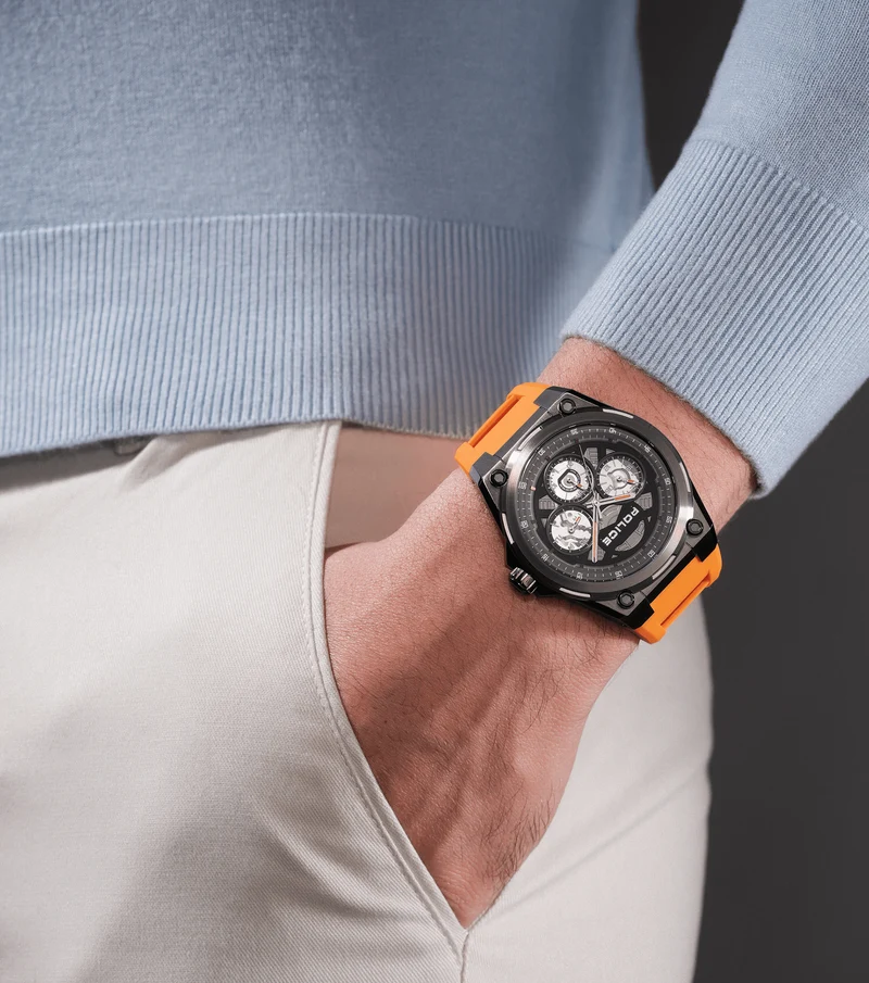 Police Dominion PEWGQ0093802 Herrenuhr Orange • Edelstahlgehäuse mit IP-Beschichtung • Multifunktion