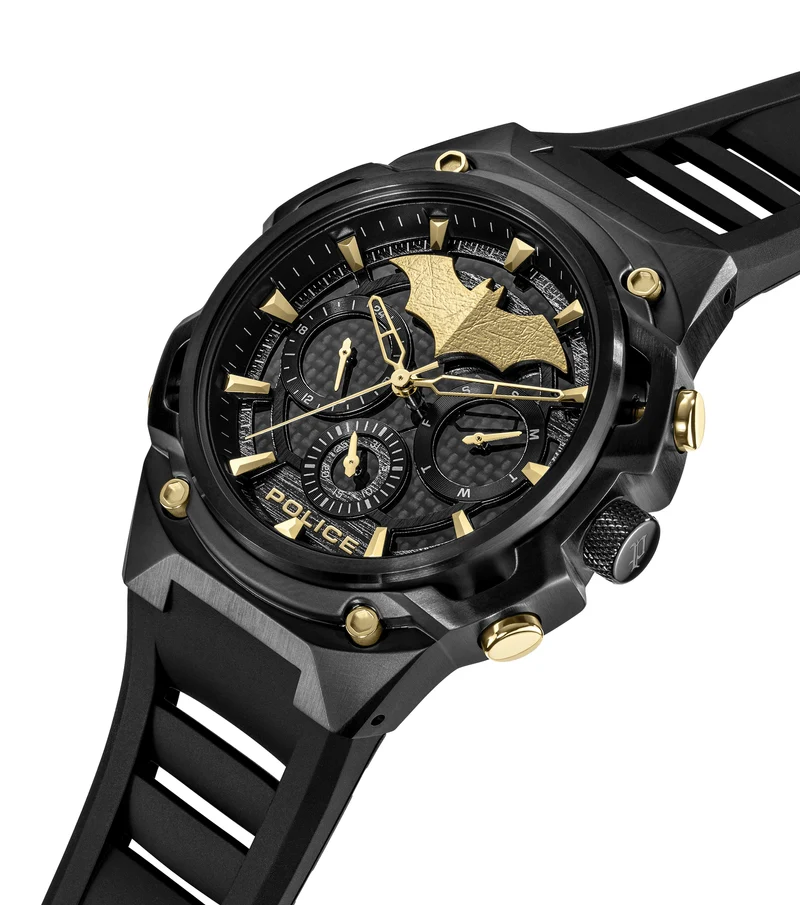 Police Crusader PEWGQ0089902-SET Herrenuhr Schwarz • Multifunktions-Chronograph • Batman-Edition mit Batarang Armband
