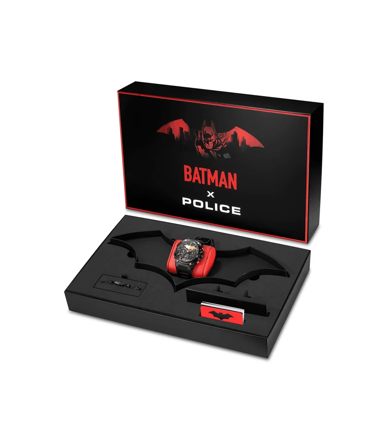 Police Crusader PEWGQ0089902-SET Herrenuhr Schwarz • Multifunktions-Chronograph • Batman-Edition mit Batarang Armband