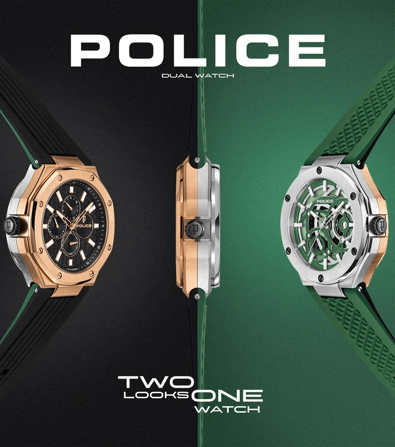 Police DUAL PEWGQ0081902 Herrenuhr Mehrfarbig • Zwei Zifferblätter • Roségold-IP-Beschichtung