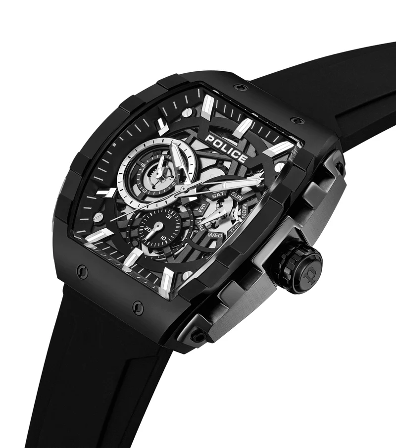 Police Flash PEWGQ0063001 Herrenuhr Schwarz • Multifunktionswerk • Schwarzes Silikonarmband