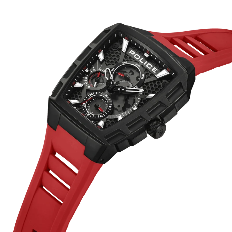 Police Tough Gear PEWGQ0056803 Herrenuhr Schwarz/Rot • Multifunktion • Rotes Silikonarmband