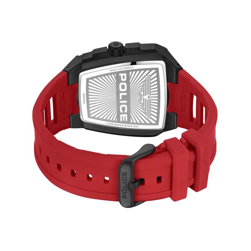 Police Tough Gear PEWGQ0056803 Herrenuhr Schwarz/Rot • Multifunktion • Rotes Silikonarmband