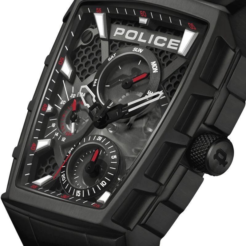 Police Tough Gear PEWGQ0056803 Herrenuhr Schwarz/Rot • Multifunktion • Rotes Silikonarmband