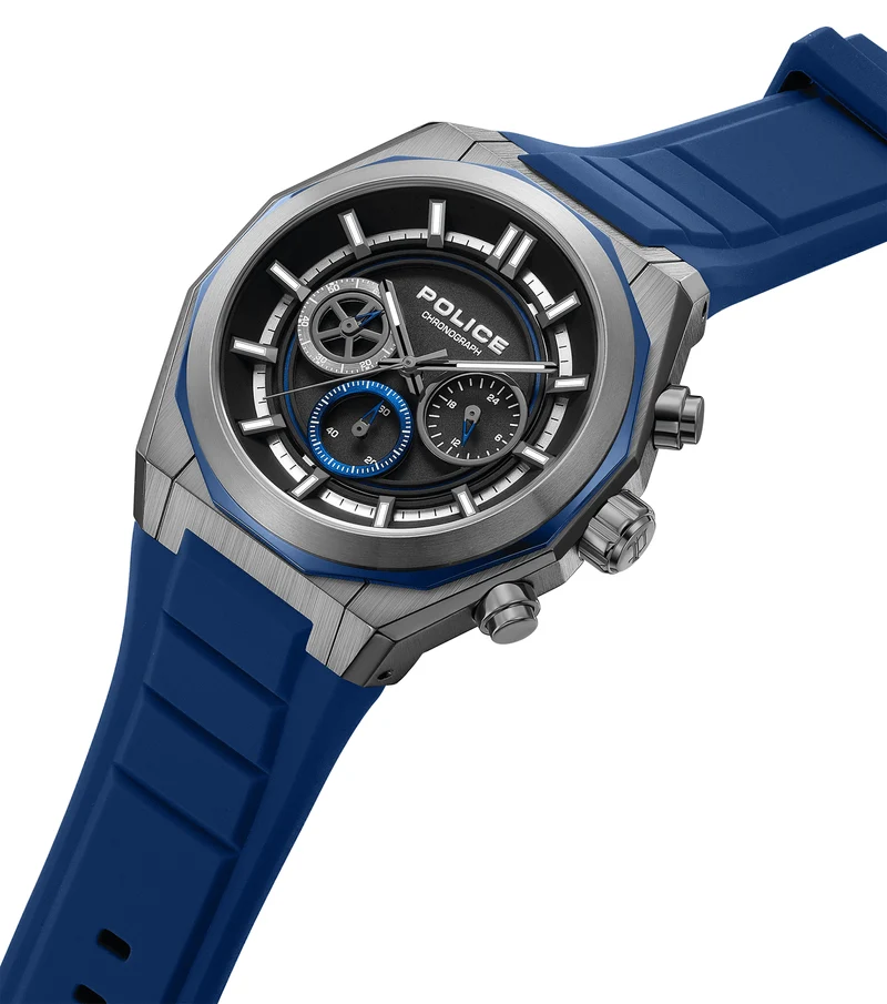 Police Steward PEWGO0093703 Herrenuhr Stahl/Blau • Chronograph • Silikonarmband