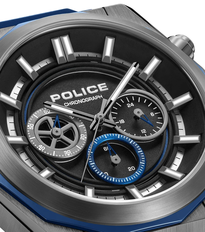 Police Steward PEWGO0093703 Herrenuhr Stahl/Blau • Chronograph • Silikonarmband