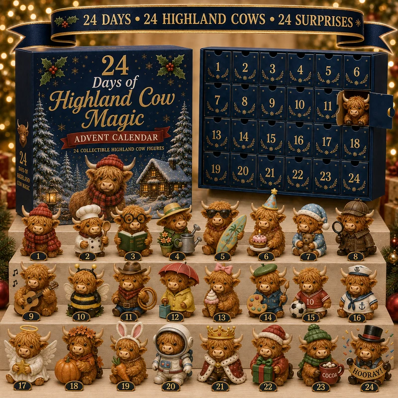 Adventskalender met 24 Hooglandkoeien Figuren Kerst Aftellen Decoratie Verzamelset Festieve Cadeau-idee | Sansoti