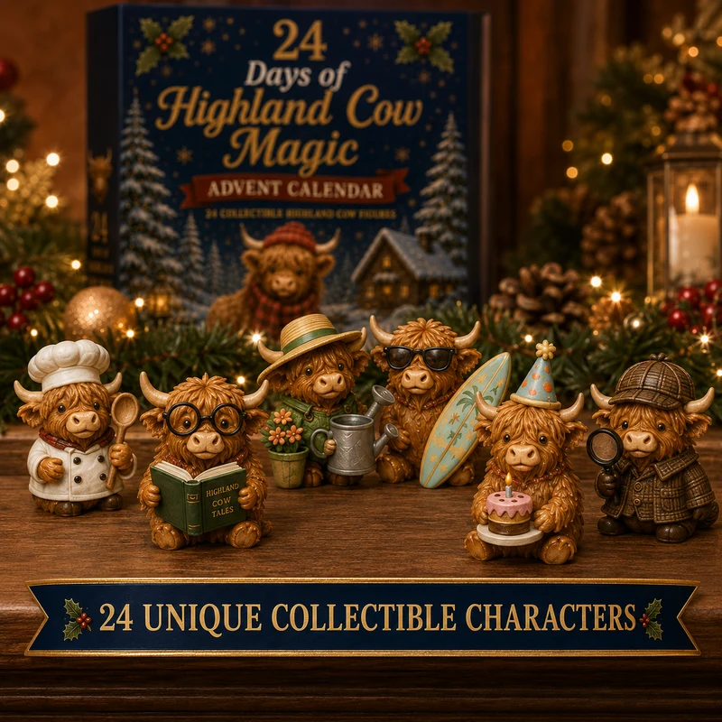 Adventskalender met 24 Hooglandkoeien Figuren Kerst Aftellen Decoratie Verzamelset Festieve Cadeau-idee | Sansoti