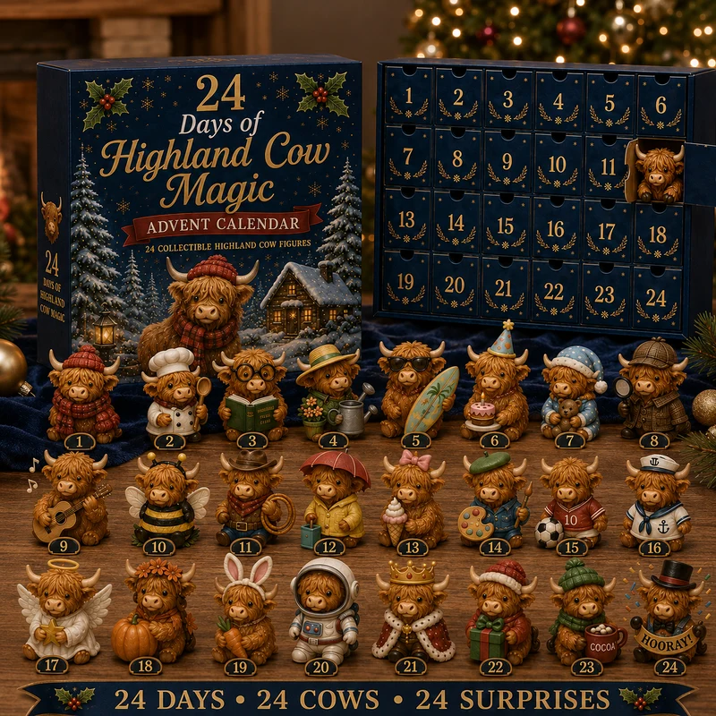 Adventskalender met 24 Hooglandkoeien Figuren Kerst Aftellen Decoratie Verzamelset Festieve Cadeau-idee | Sansoti