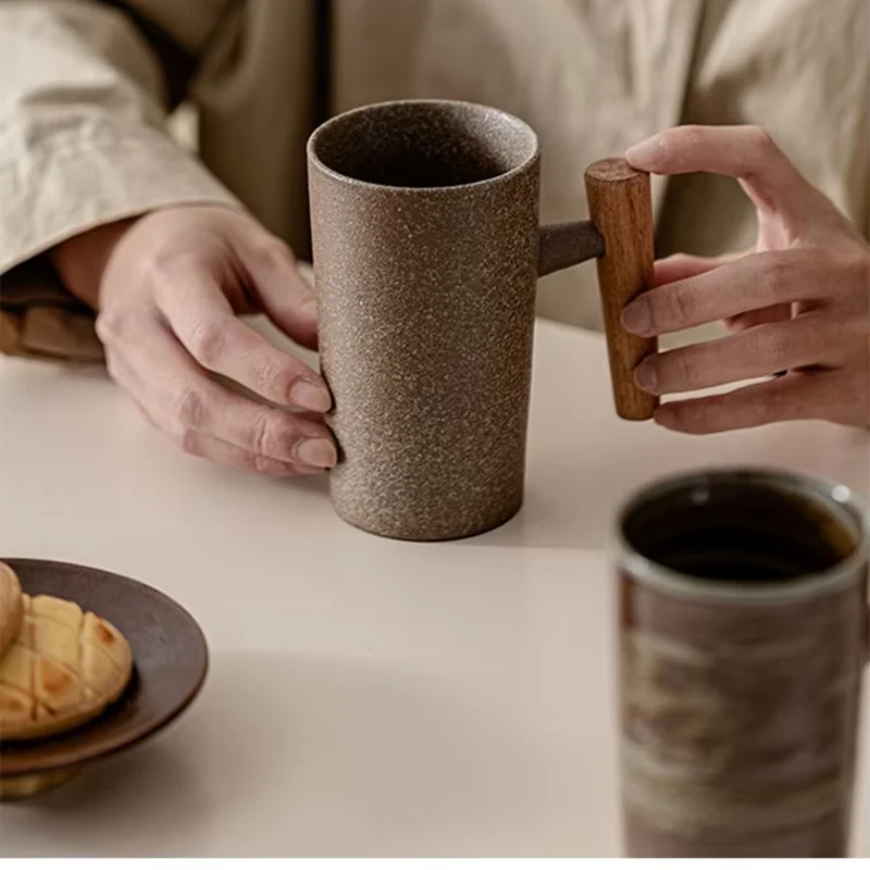 Keramische Mok 220ml Steentextuur Houten Handvat Koffie Thee Warm Drankmoment Ergonomisch Comfort Keuken | Sansoti