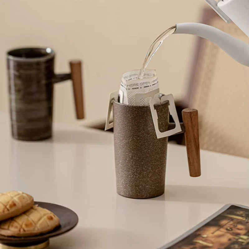 Keramische Mok 220ml Steentextuur Houten Handvat Koffie Thee Warm Drankmoment Ergonomisch Comfort Keuken | Sansoti