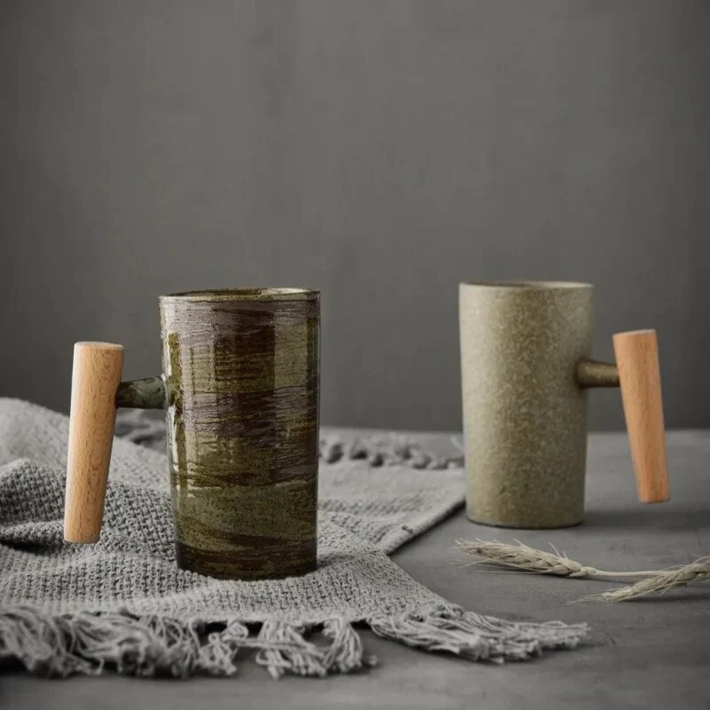 Keramische Mok 220ml Steentextuur Houten Handvat Koffie Thee Warm Drankmoment Ergonomisch Comfort Keuken | Sansoti