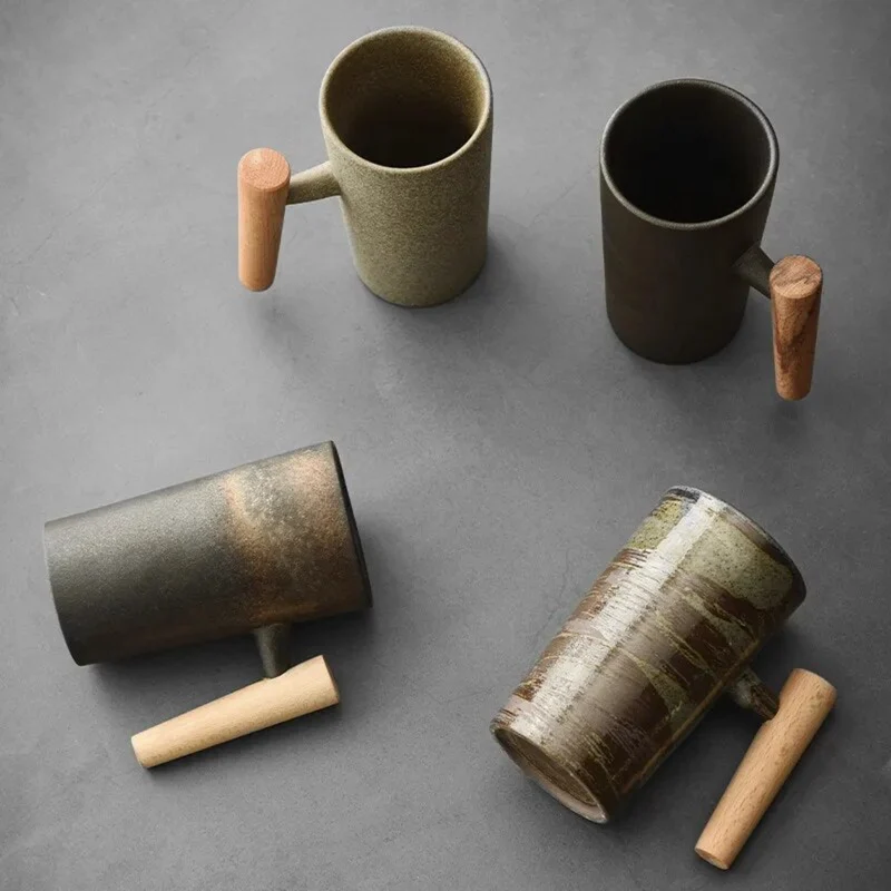 Keramische Mok 220ml Steentextuur Houten Handvat Koffie Thee Warm Drankmoment Ergonomisch Comfort Keuken | Sansoti