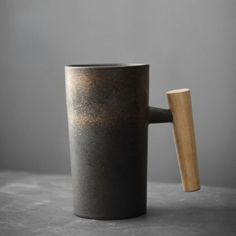 Keramische Mok 220ml Steentextuur Houten Handvat Koffie Thee Warm Drankmoment Ergonomisch Comfort Keuken | Sansoti