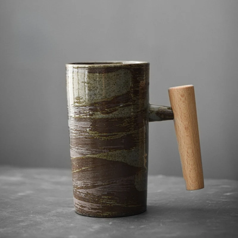 Keramische Mok 220ml Steentextuur Houten Handvat Koffie Thee Warm Drankmoment Ergonomisch Comfort Keuken | Sansoti