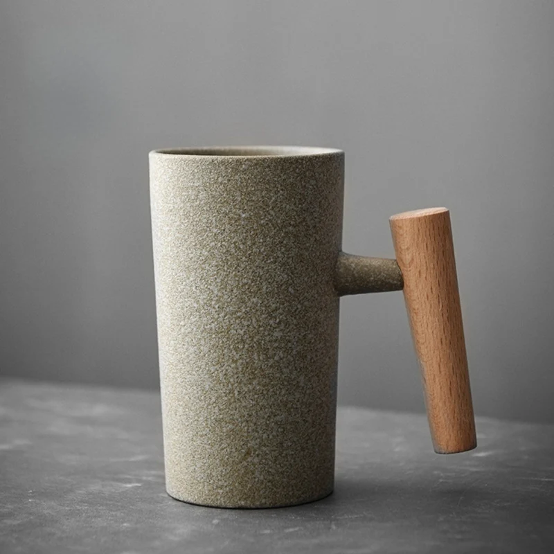 Keramische Mok 220ml Steentextuur Houten Handvat Koffie Thee Warm Drankmoment Ergonomisch Comfort Keuken | Sansoti