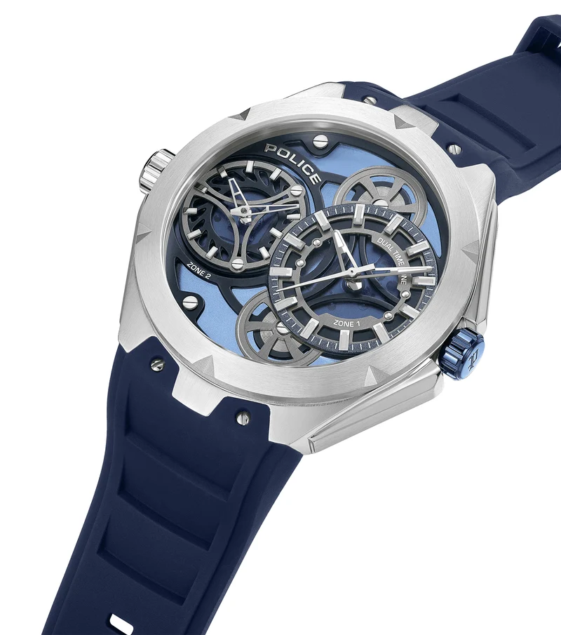 Police Scepter PEWGM0081703 Herrenuhr Blau • Doppelwerk-Anzeige • Marineblaues Silikonarmband