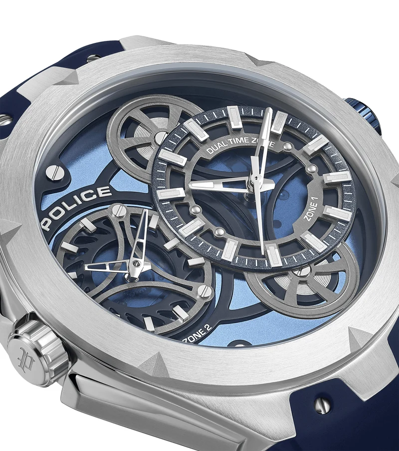 Police Scepter PEWGM0081703 Herrenuhr Blau • Doppelwerk-Anzeige • Marineblaues Silikonarmband