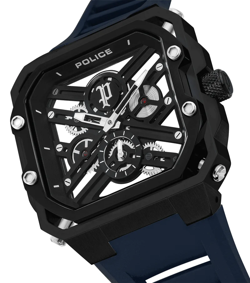 Police Disruptor PEWGM0072001 Herrenuhr Schwarz • Ionenplattiertes Gehäuse • Marineblaues Silikonarmband