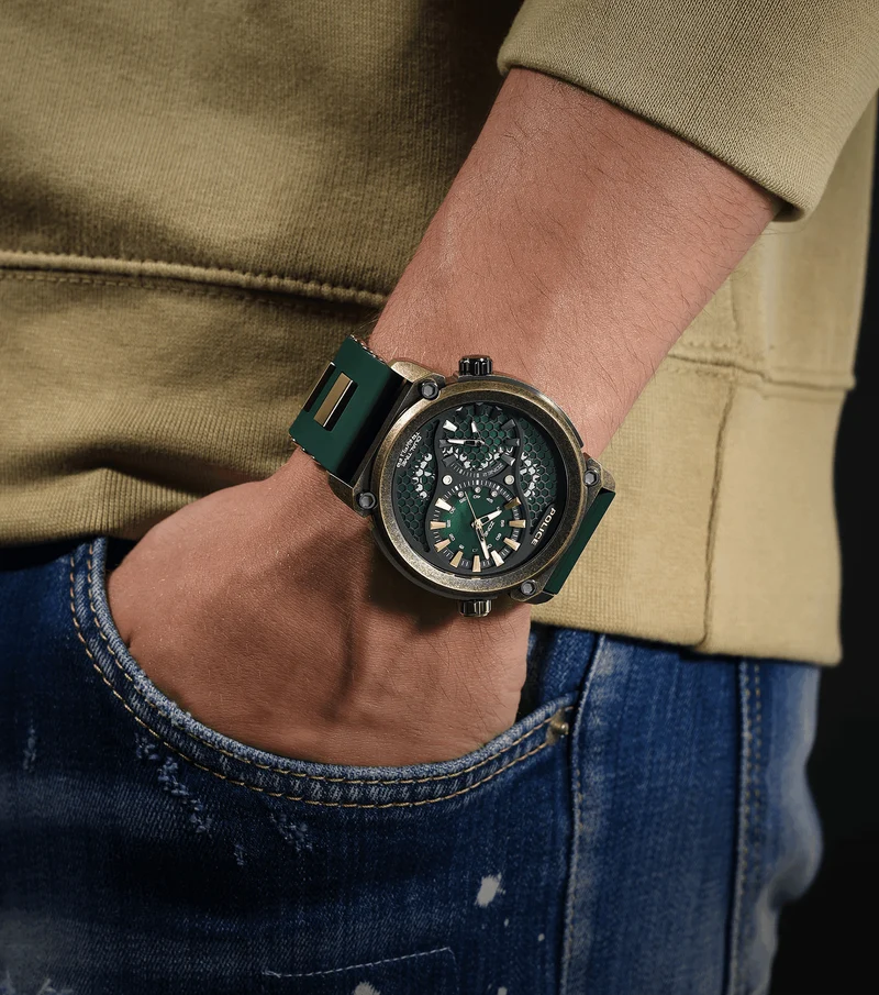 Police Boa PEWGM0071801 Herrenuhr Gold • Silikonarmband Grün • 48mm Gehäuse