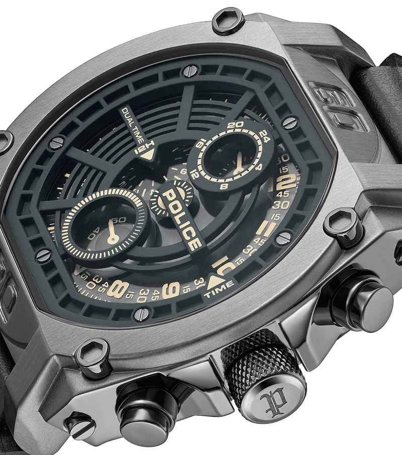 Police Norwood PEWGF0040002 Herrenuhr Schwarz • Multifunktions-Chronograph • Lederarmband