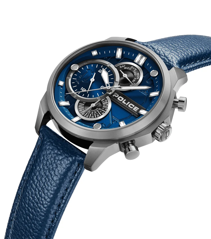 Police Reactor PEWGF0039202 Herrenuhr Blau • Multifunktions-Zifferblatt • Robustes Lederband