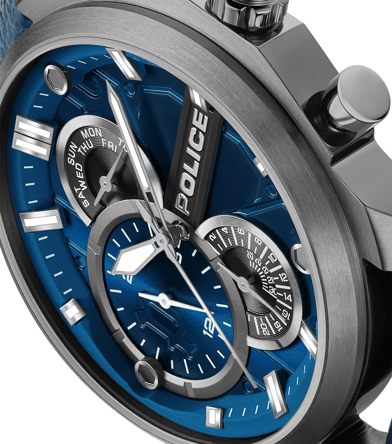Police Reactor PEWGF0039202 Herrenuhr Blau • Multifunktions-Zifferblatt • Robustes Lederband