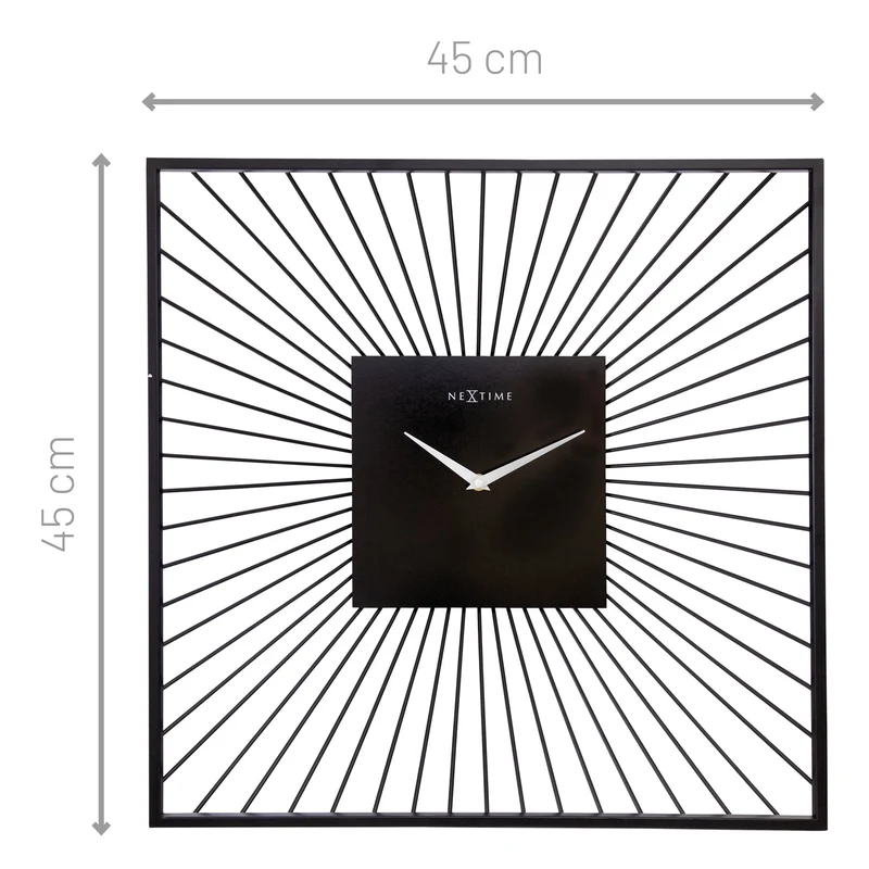 Wall Clock 45x45x15cm - Silent - Black - Metal - "Vasco Square"
