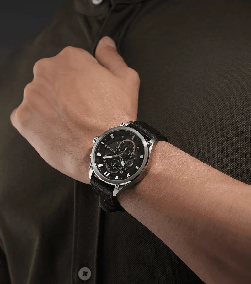 Police Wadden PEWGC0054205 Herrenuhr Schwarz • Quarz-Chronograph • Schwarzes Lederarmband