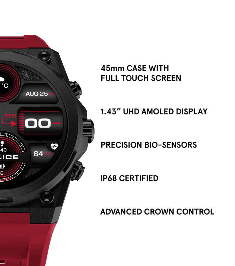 Police My.Avatar 2.0 PEIUN00003X2 Herren Smartwatch Schwarz/Rot • AMOLED-Display • Wechselbare Armbänder