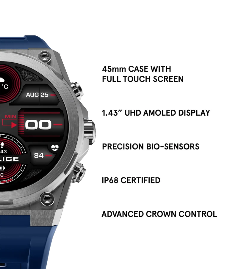 Police My.Avatar 2.0 PEIUN00003X0 Herren-Smartwatch Blau/Orange • AMOLED-Display • Schnellladefunktion
