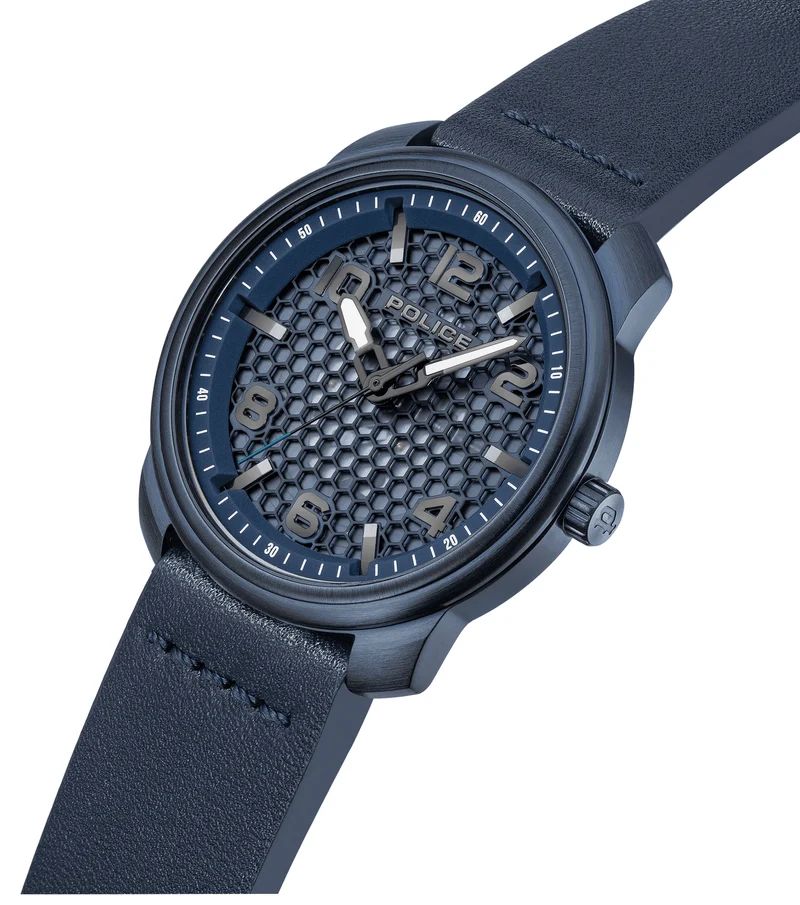 Police Protector PEWGA0049103 Herrenuhr Blau • Skelettiertes Zifferblatt • Lederarmband