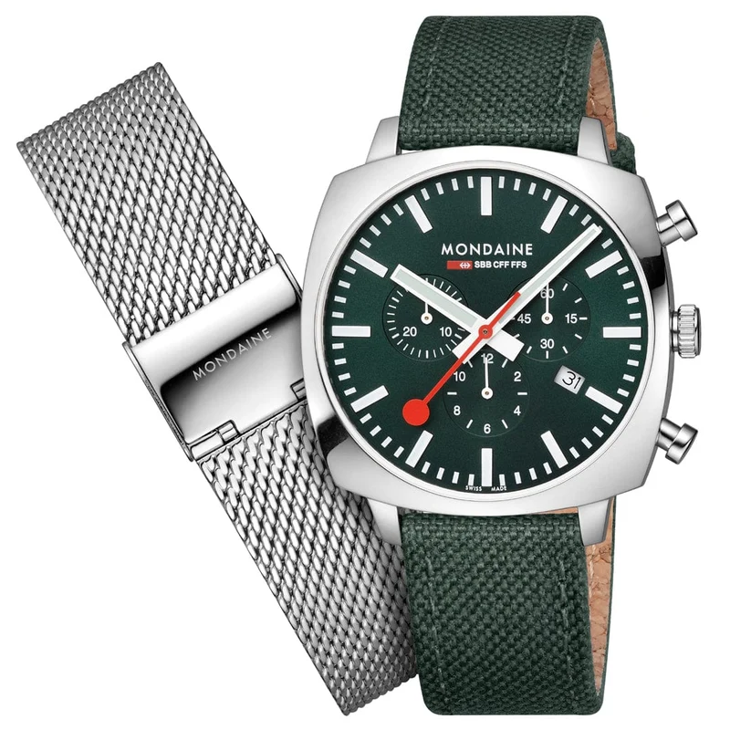 Mondaine Grand Cushion MSL.41460.LF.SET Herrenuhr Grün • Saphirglas • Quarz-Chronograph