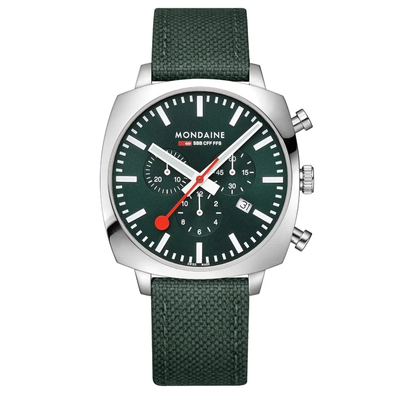 Mondaine Grand Cushion MSL.41460.LF.SET Herrenuhr Grün • Saphirglas • Quarz-Chronograph