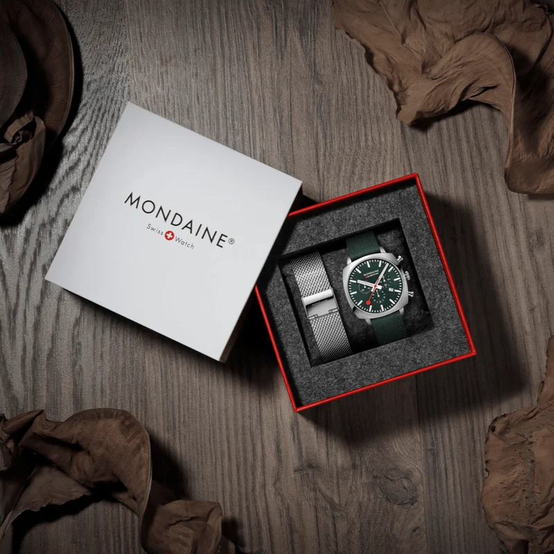 Mondaine Grand Cushion MSL.41460.LF.SET Herrenuhr Grün • Saphirglas • Quarz-Chronograph