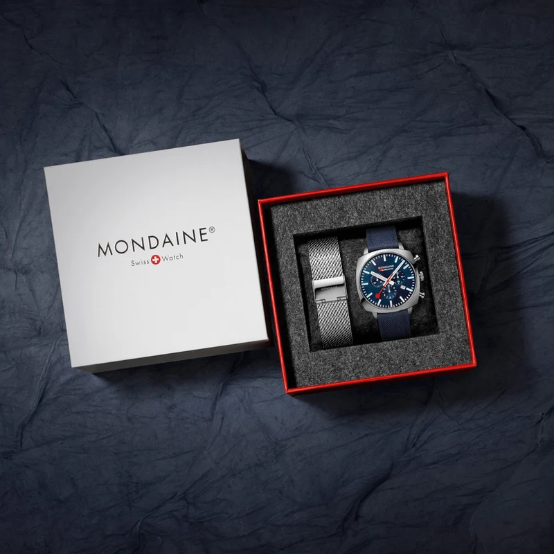 Mondaine Grand Cushion MSL.41440.LD.SET Herrenuhr Blau • Saphirglas • Quarz-Chronograph