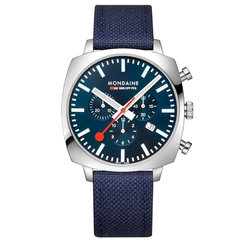 Mondaine Grand Cushion MSL.41440.LD.SET Herrenuhr Blau • Saphirglas • Quarz-Chronograph