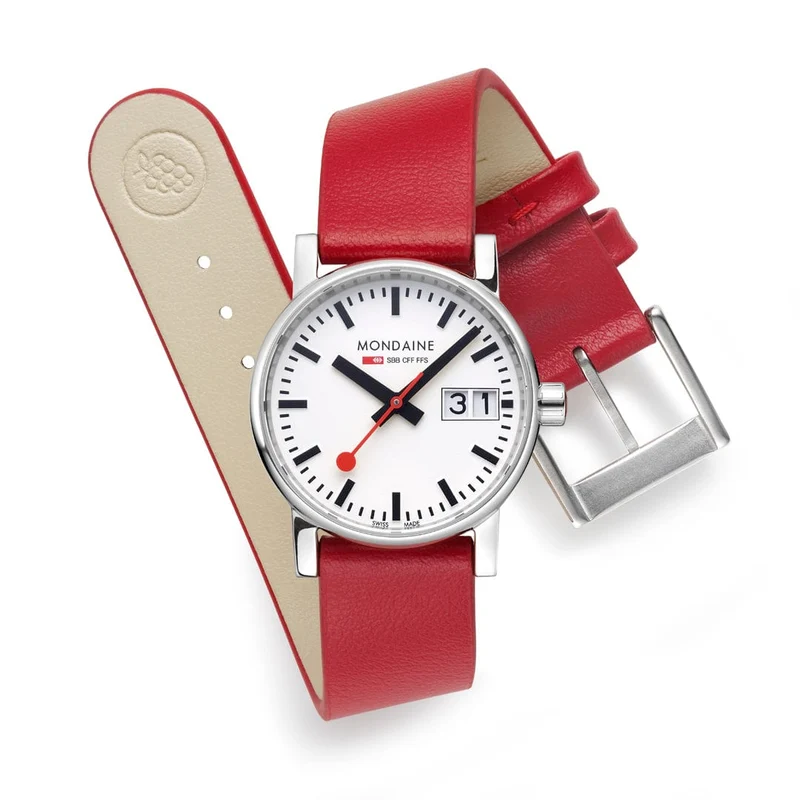 Mondaine evo2 MSE.30210.LCV Damenuhr Rot • Saphirglas • Veganes Traubenleder