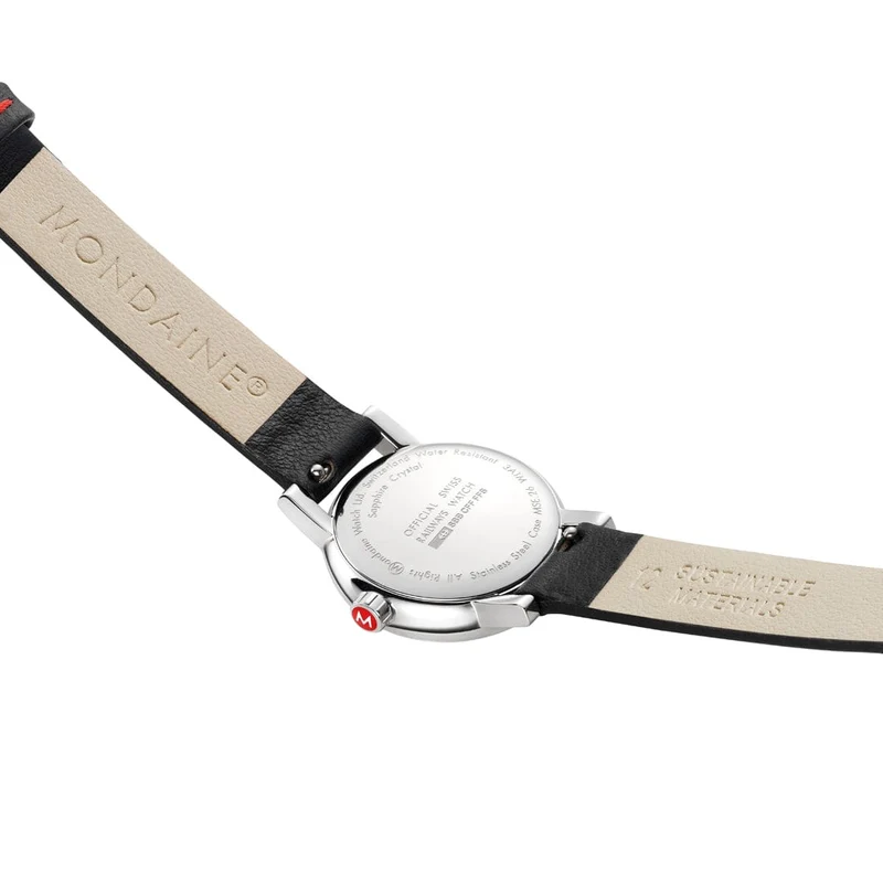 Mondaine evo2 MSE.26110.LBV Damenuhr Schwarz • Saphirglas • Veganes Traubenleder-Armband